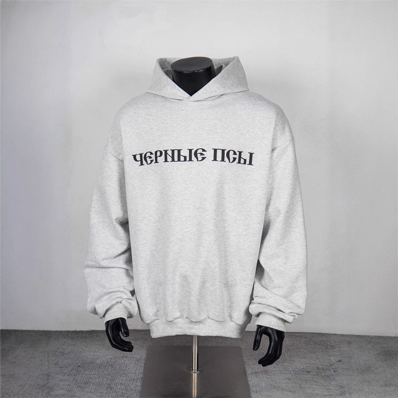 Kanye Ye Concert Style Loose-Fitting 420g Terry Hooded Sweatshirt with Russian Lettering Print