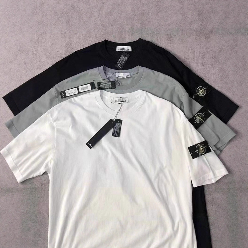 Cross-Border Stone Trendy Stone-Colored Solid Color Short-Sleeve T-Shirt with Logo Print, Loose Round Neck Couple's Base Shirt Cross-Border Stone Trendy Stone-Colored Solid Color Short-Sleeve T-Shirt with Logo Print, Loose Round Neck Couple's Base Shirt