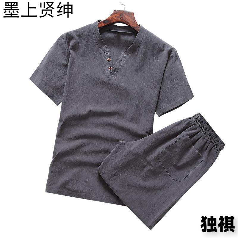 Camiseta de lino de manga corta traje deportivo de verano para hombre