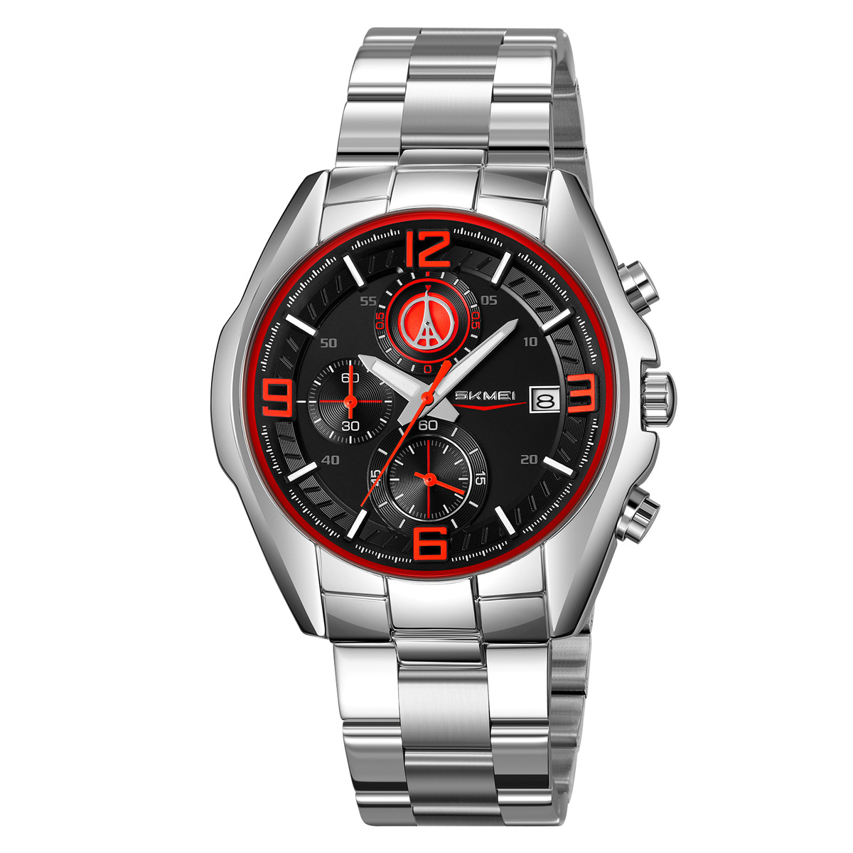 Momentos de relojes de hombre transfronterizos de acero correa de tres ojos seis agujas multifuncional relojes de cuarzo calendario de relojes de pulsera al por mayor