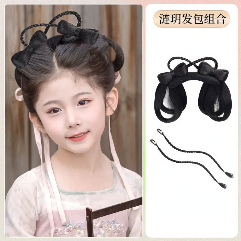 子供用古代衣装ヘアピース、かわいい女の子用漢服風ヘアピースセット、シンプルで多用途な古代風おだんごヘアバッグ|undefined