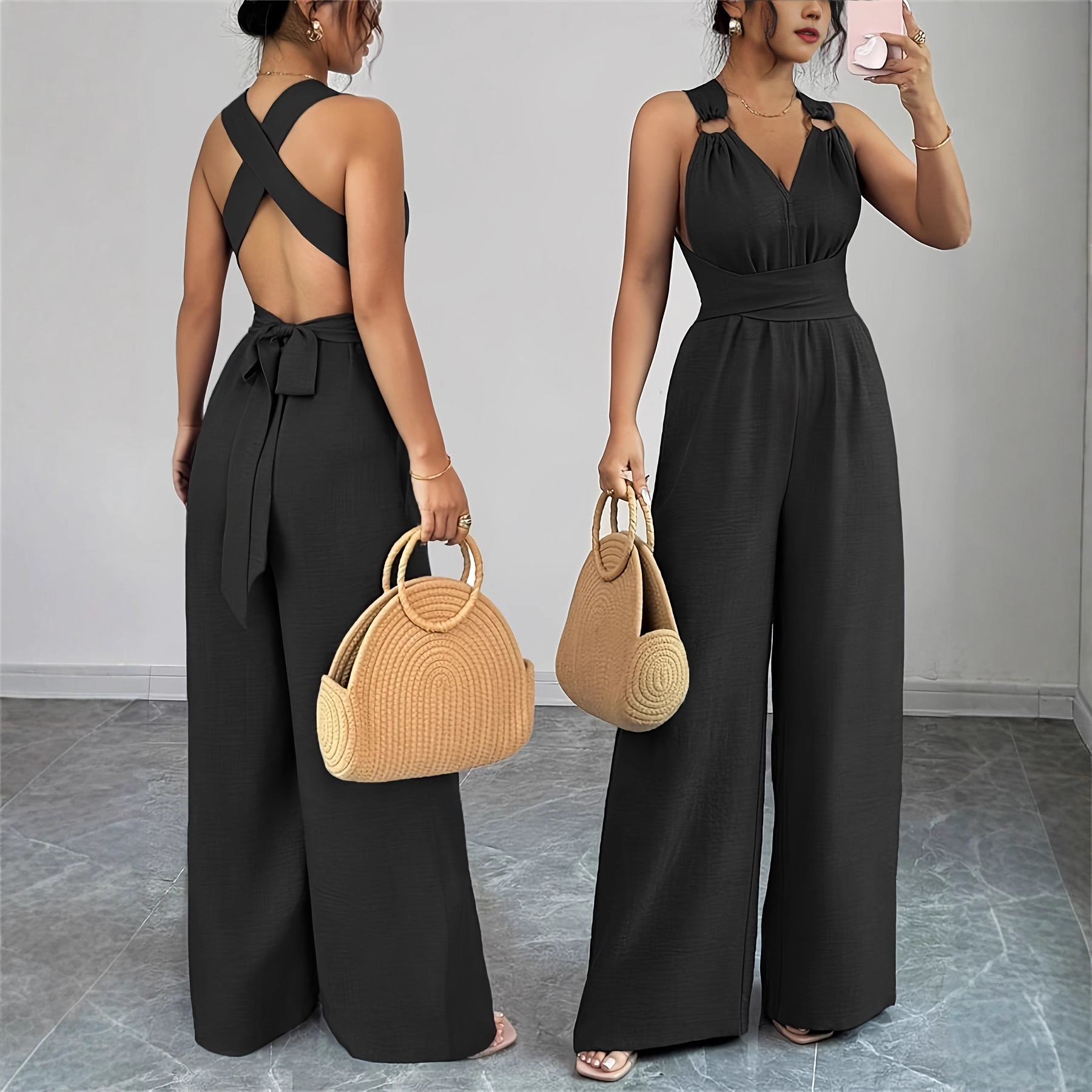 2025 Amazon European and American Cross-Border New Women's Fashion Sexy V-Neck Backless Cross Belt Wide-Leg Jumpsuit