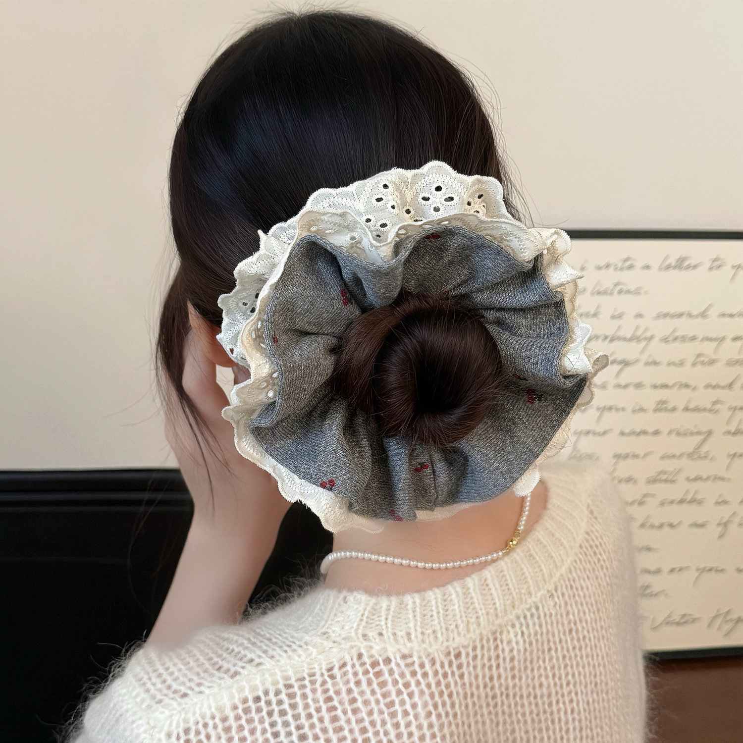 灰色针织毛线四层大肠发圈女秋冬扎马尾发绳丸子头皮筋高级感头绳