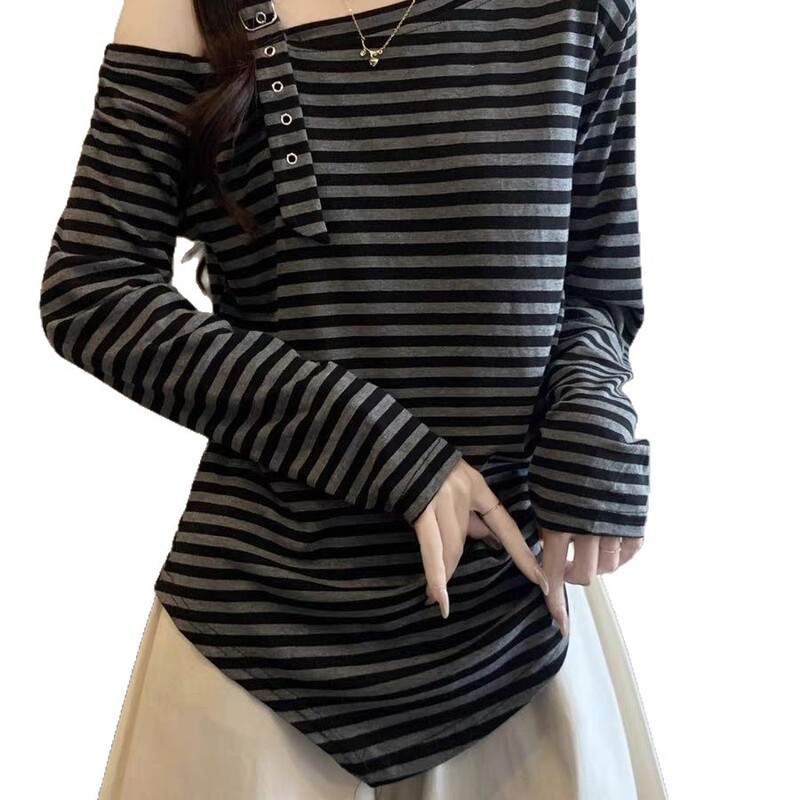 大码复古条纹斜露肩长袖T恤女夏季新款胖mm收腰显瘦遮肉外穿上衣|undefined