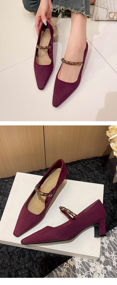Giày cao gót nữ mũi vuông nhỏ quai ngang thanh lịch, gót vuông vừa 3–6 cm, chất liệu cashmere — Màu nâu, Màu đỏ rượu, màu đen chi tiết 13