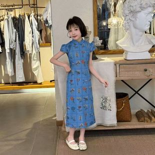 2025 Girls Summer New Retro National Style New Chinese Style Floral Embroidery Cheongsam Dress Slim Fit and Western Style