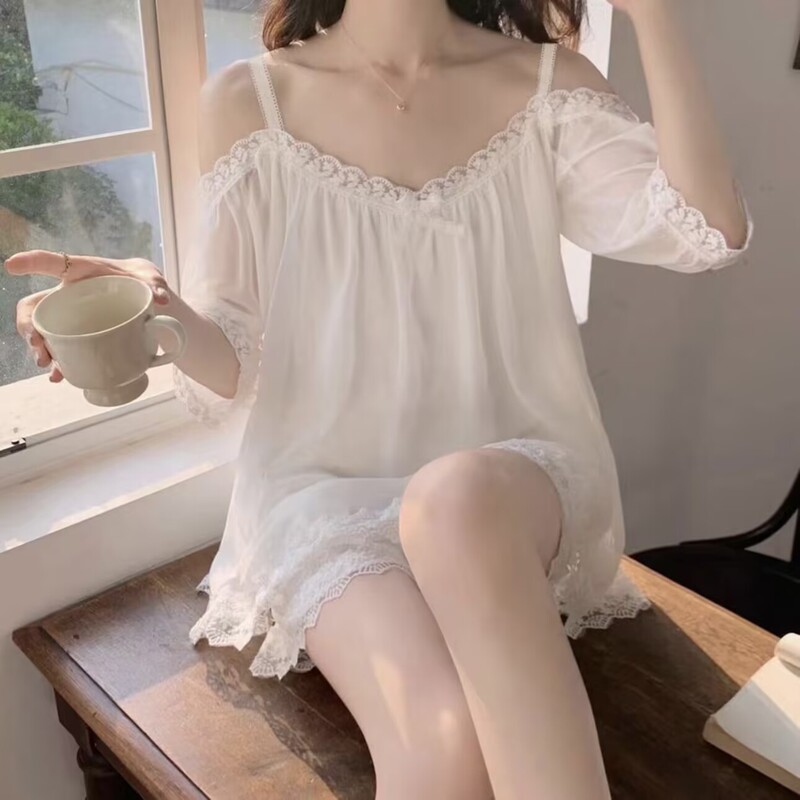 Summer Women's Off-Shoulder Two-Piece Pajama Set with a Court-Style Design, Lace White Padded Plus Size Summer Women's Off-Shoulder Two-Piece Pajama Set with a Court-Style Design, Lace White Padded Plus Size
