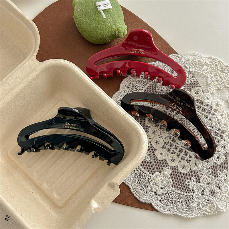 法式France鏤空醋酸金標抓夾高級鯊魚夾秋冬後腦紅色髮夾韓國髮飾