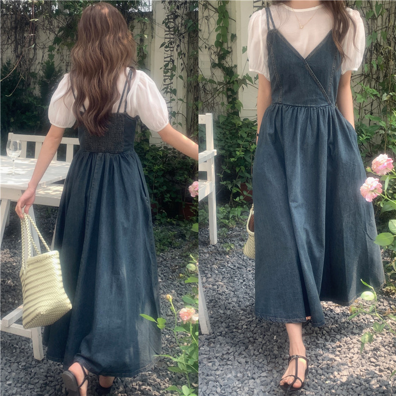 Korean version of micro-shirt + Cross v collar waist cowboy belt skirt pocket big pendulum dress two-piece