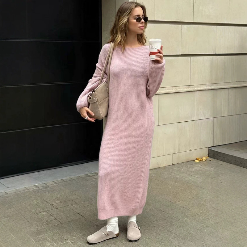 Amazon cross-border export women's clothing: off-shoulder lantern sleeve knitted dress, loose long over-the-knee casual sweater