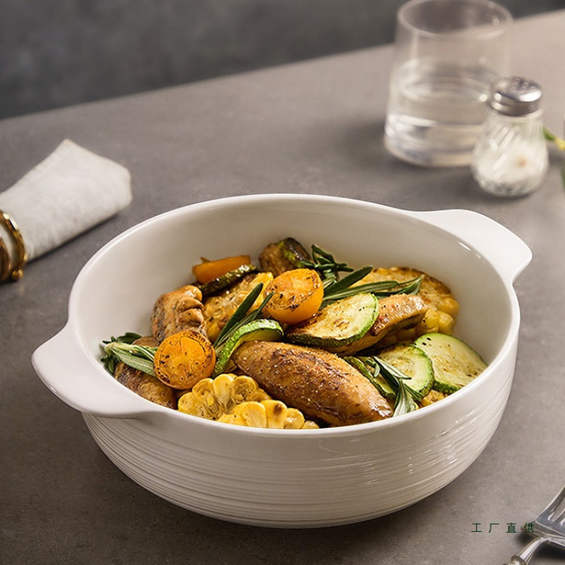 Ceramic white double-handled soup bowl, high-end home use, 2025 new model, large soup bowl, instant noodle bowl, large bowl for pickled fish