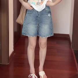 韩系复古阔腿牛仔短裤女夏季新款洋气高腰休闲百搭显瘦直筒四分裤