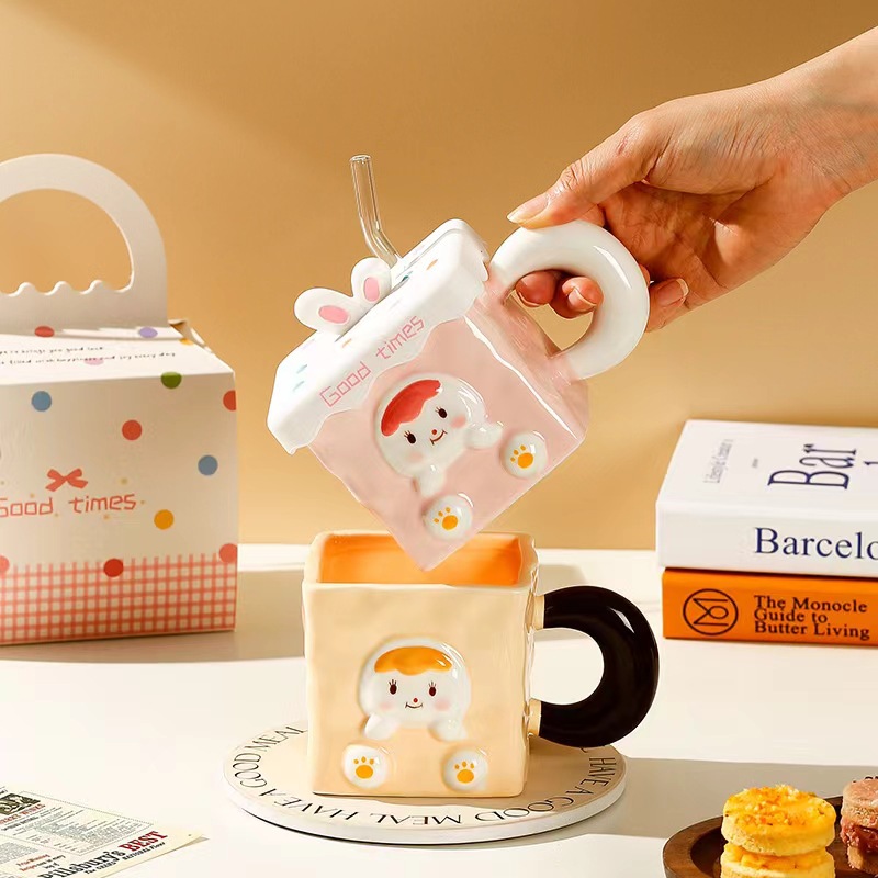 Taza de conejo lindo con tapa pajita regalo de corazón de niña creativa taza de desayuno de cerámica cuadrada taza de oficina