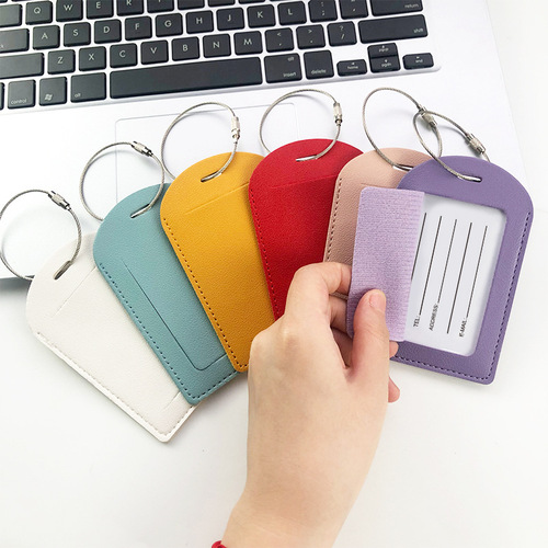 Cross-border customizable LOGO-enhanced PU leather strap with printed paper card label and stainless steel lanyard—perfect for couples, ideal as airplane or luggage tags.