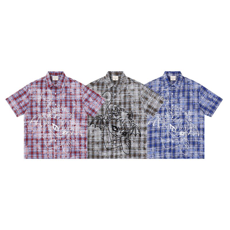 Savagebase Street Hip-Hop Faded Tie-Dye Plaid Shirt Niche Cartoon Chain Embroidery Short-Sleeve Shirt Summer