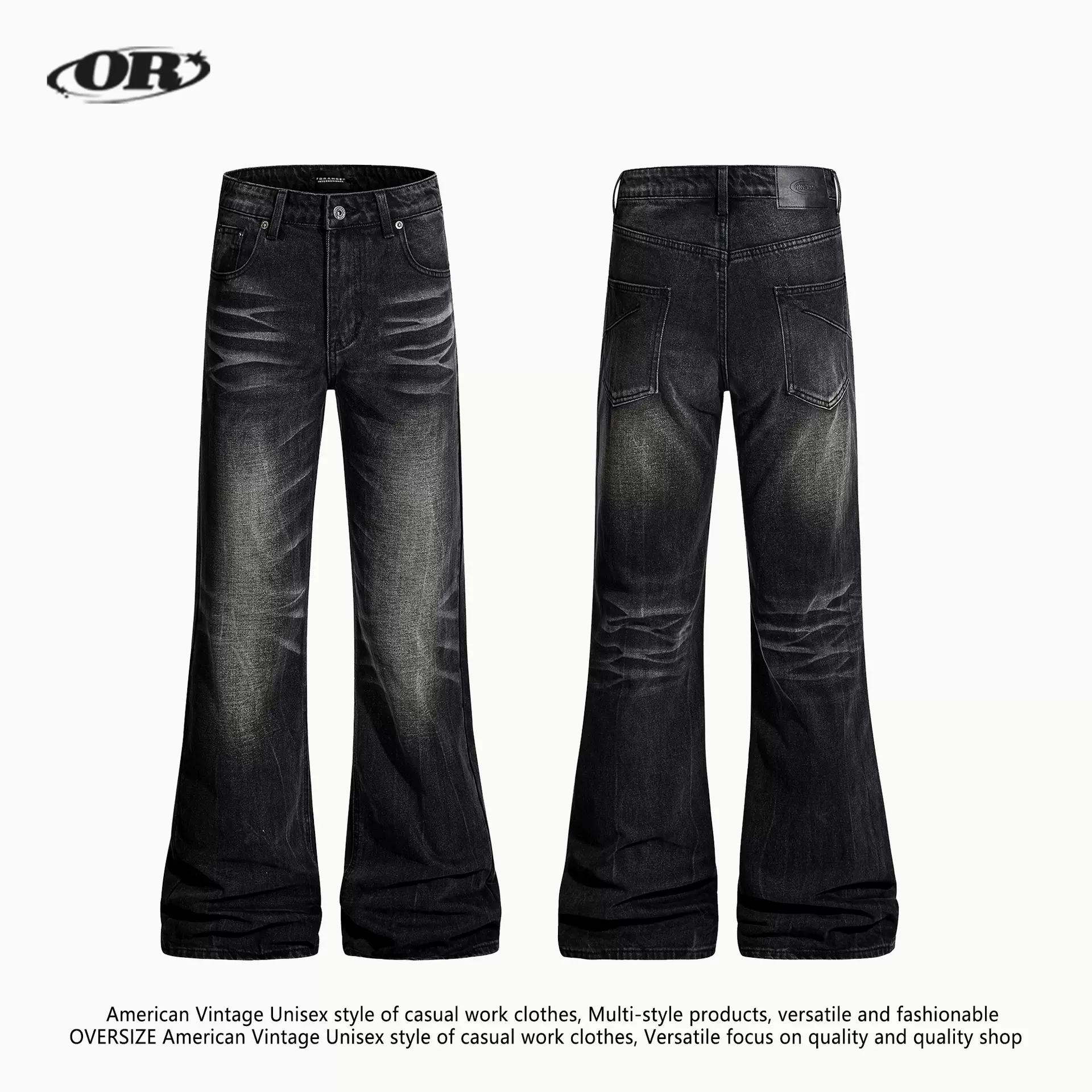 OREETA丨美式闪电爆裂纹牛仔裤男女款潮牌高街重磅水洗喇叭长裤