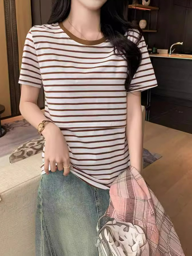 Pure Cotton Sweat-Absorbent Nursing T-Shirt Stripesd Summer Postpartum Hot Mom Confinement Period Soft and Comfortable Nursing Clothing Top Breathable