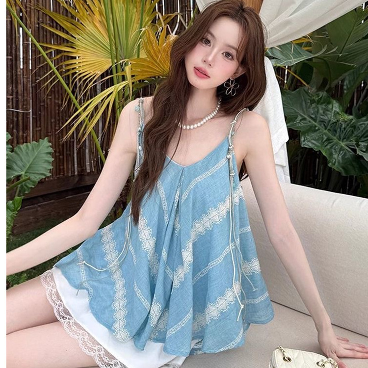 Embroidered Jacquard Beaded Vest Suspender Women's Summer New French Resort Style Splicing Lace Skirt