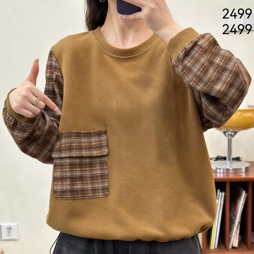 (2개) HEM DRAWSTRING SWEAT WOMENS 2024 가을 새로운 예술적 복고풍 느슨한 둥근 목 격자 무늬 바느질 풀오버 탑