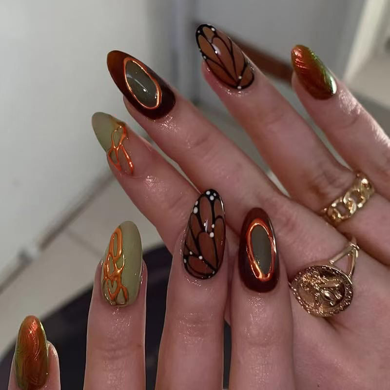 Hot-Selling Foreign Trade Model: 30-Piece Butterfly Pattern 3D Embossed Vintage Artistic Long Almond-Shaped Press-On Nails Wholesale