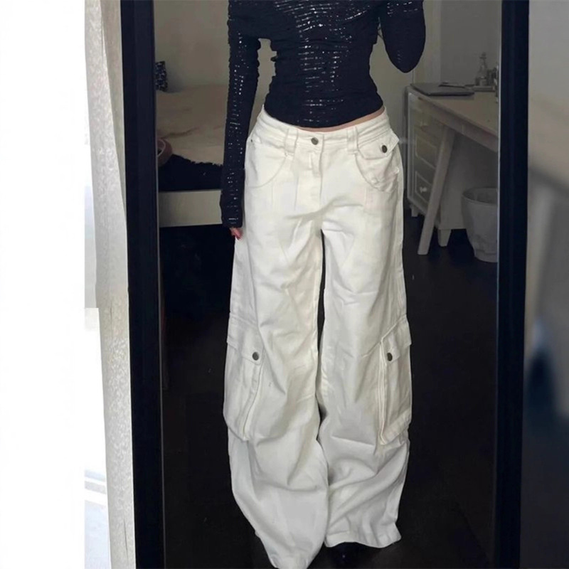 American-Style White Workwear Jeans for Women, Summer and Spring Wide-Leg Loose Casual Pants, Slimming Denim Pants for Women American-Style White Workwear Jeans for Women, Summer and Spring Wide-Leg Loose Casual Pants, Slimming Denim Pants for Women