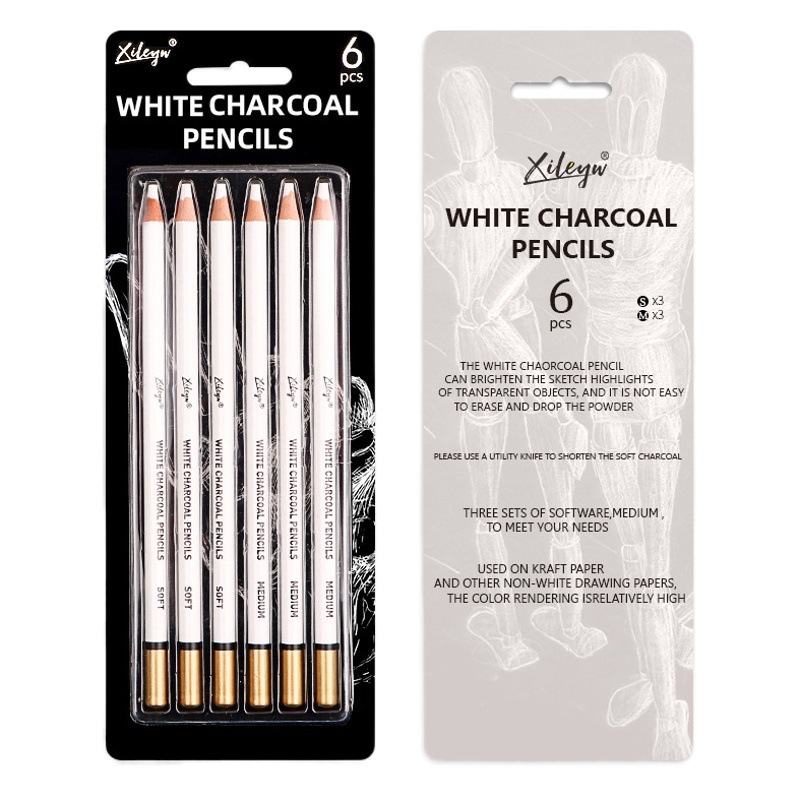 Xiller bosquejo pluma de carbono blanco pluma de alto brillo suave/medio 6 piezas pluma de carbón pintura de carbono lápiz blanco transfronteriza
