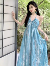 波西米亚异域风挂脖露背吊带连衣裙女夏海边度假超仙大摆开叉长裙