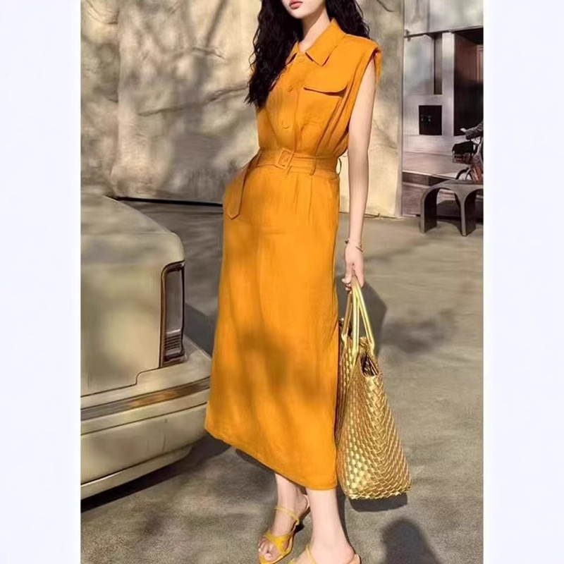 Heavy 100% Linen dress Women's Summer New Fashion Tight Waist Elegant Slim Look Work Shirt Sleeveless dress