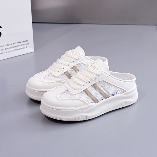 Half-slip white shoes for women, flat-soled outer wear, summer 2026 new casual mesh maternity toe slippers for women 5908-1