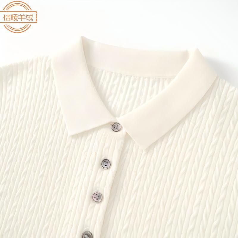 Merino Fine-Spun 100% Pure Wool Knitted Short-Sleeved Women's 2026 Spring and Summer New Style Twist-Pattern Polo Collar T-Shirt
