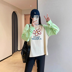 减龄治愈花朵印花宽松显瘦撞色插肩袖叠穿圆领T恤女2025秋