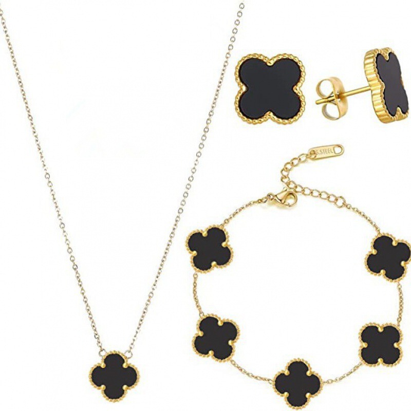 Popular Four-Leaf Clover Necklace, Bracelet and Earrings Three-Piece Set, Versatile Lucky Four-Leaf Clover Bracelet, Clavicle Chain Earrings