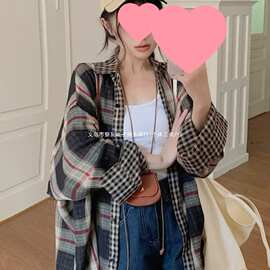 复古格子衬衫女秋新款韩版休闲宽松上衣外套薄款开衫衬