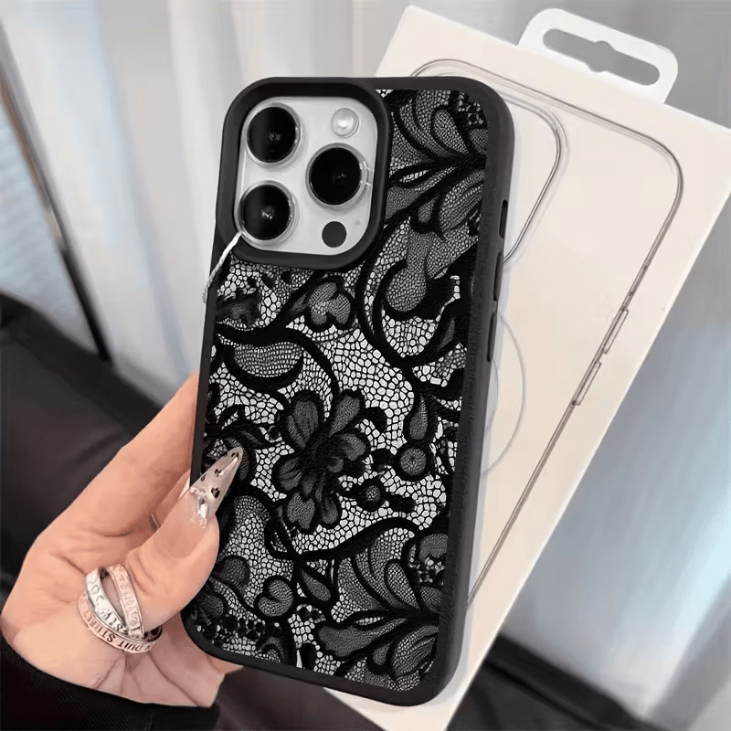 Black Retro Lace Suitable for 17Promax Mobile Phone Case with Imitation Leather Texture 16Plus Large Hole 15Pro Simple 14/13 Black Retro Lace Suitable for 17Promax Mobile Phone Case with Imitation Leather Texture 16Plus Large Hole 15Pro Simple 14/13