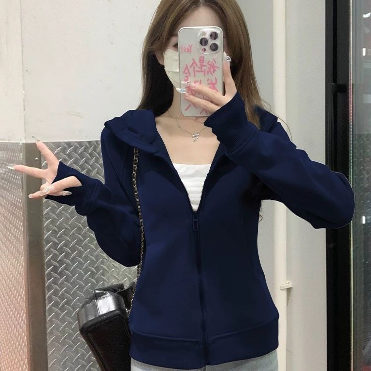 蓝色显白连帽开衫卫衣外套运动春秋季拉链修身显瘦女生修身瑜伽服|undefined