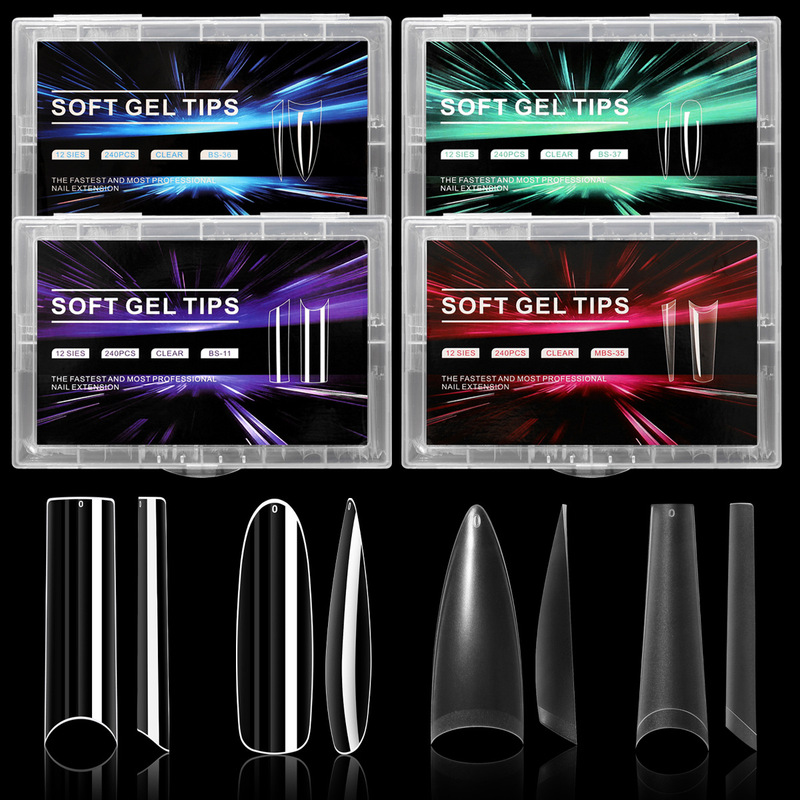 240 Pieces of Fake Nails, Coffin-Shaped Long Style, No Engraving, No Trace Nail Art Patches, Curved Press-In Artificial Soft Gel Nails