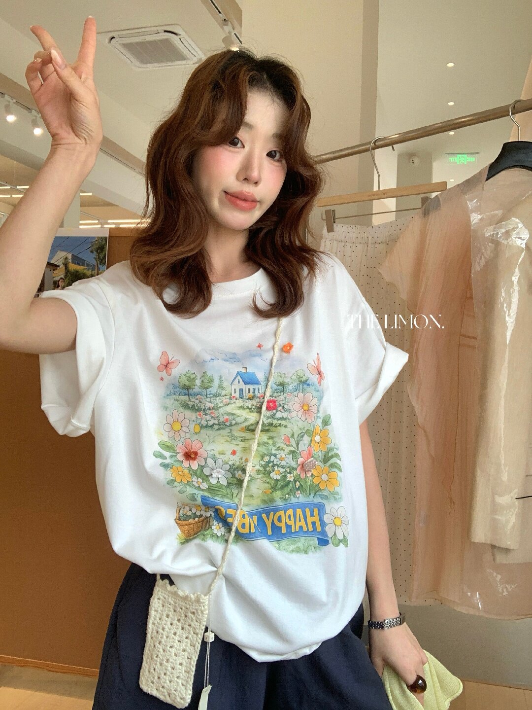 Áo thun nữ cổ tròn in họa tiết hoa vườn hè, tay ngắn, form rộng phong cách Hàn Quốc — trắng ngà chi tiết 35