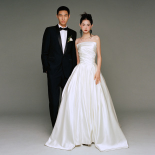 French Tube Top Main Wedding Dress 2025 New Retro Simple Satin White High-Quality Tail Outing Gauze Dress