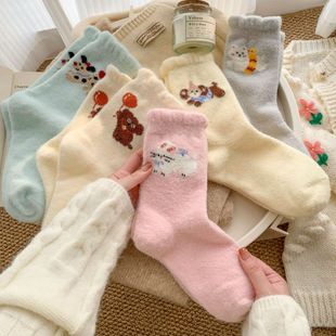 Autumn and Winter Thickened Australian Velvet Sleeping Socks Flocking Cartoon Cute Flower Bud Socks Soft Skin-Friendly Heat Storage Winter Moon Socks