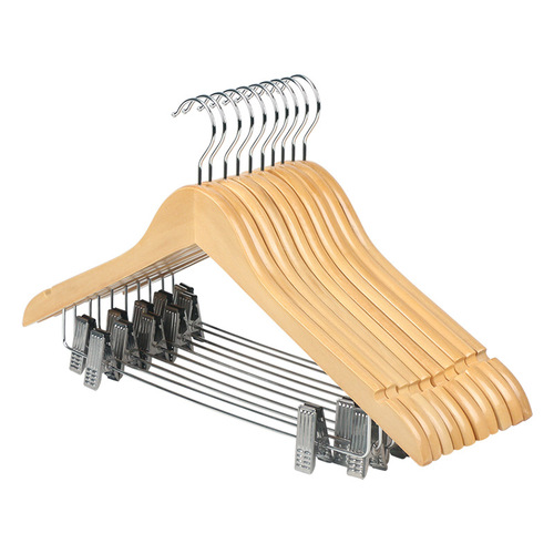Hotel original wood adult solid wood hanger with clip clothing store anti-slip wooden wooden clothes stand hanger wholesale