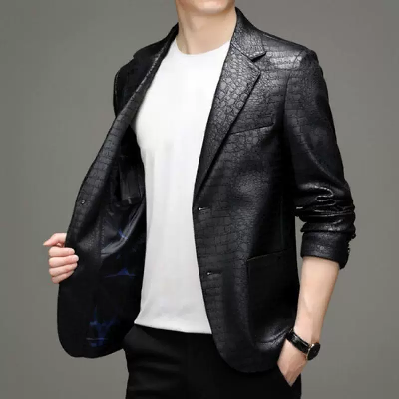 【新品】春秋皮衣男皮西装领短款中年男士休闲西服外套大码968