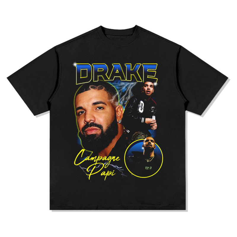 Drake hip hop rap americano estilo callejero estampado retro hace viejo lavado pesado suelto manga corta