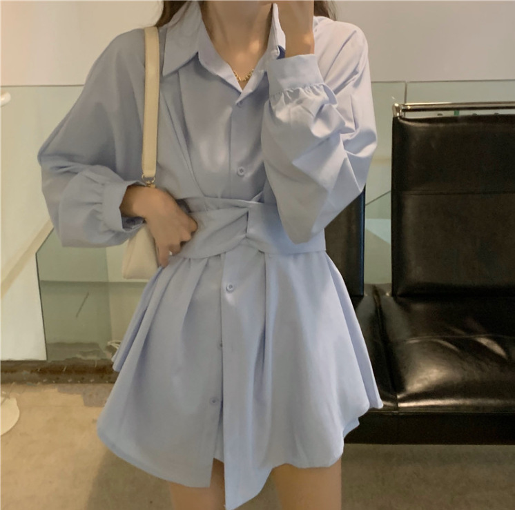 Waist-Cinching Slimming Long-Sleeved Shirt Dress for Women, New Spring and Autumn French Style Short Irregular Mid-Length Shirt