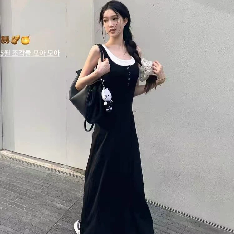 Поддельные два черных подтяжки платье детское лето 2025 новый грушевидный корпус французский темпераментный жилет длинное платье