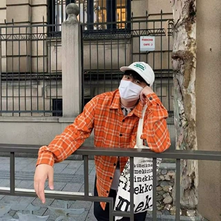 美式oldschool橙色格子长袖衬衫男士休闲小众显白高街衬衣薄外套