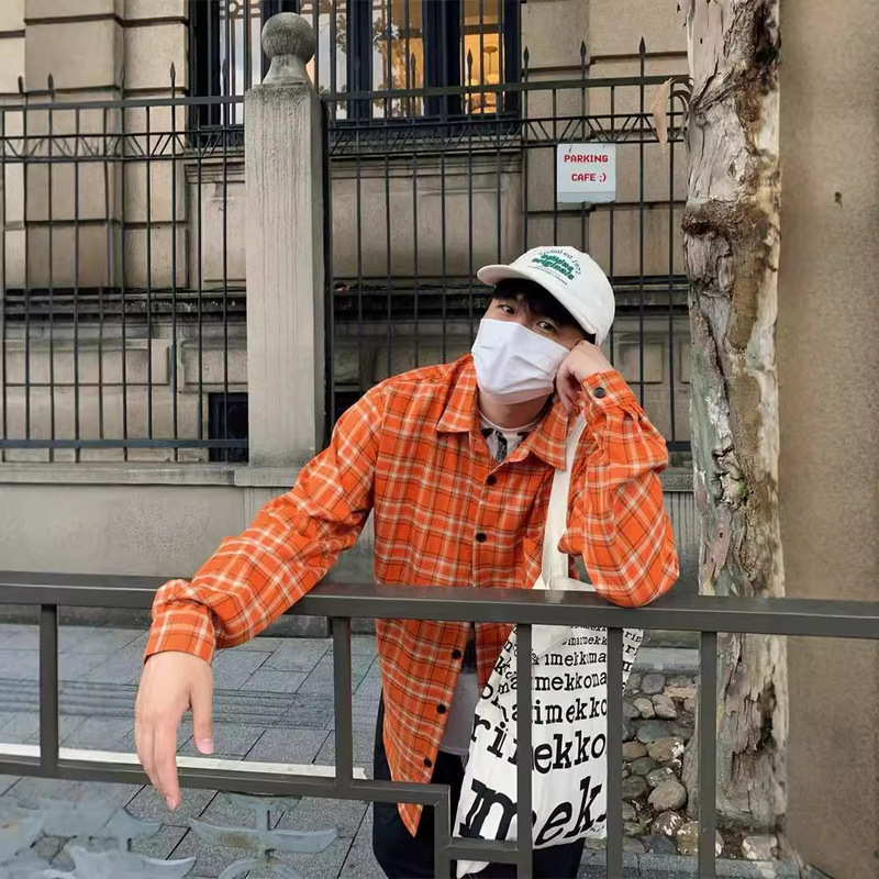 American Style oldschool Orange Plaid Long Sleeve Shirt Men's Casual Small Show White High Street Shirt Thin Jacket