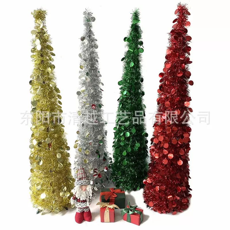 跨境热销现货1.5米PET纯色大圆片装饰可伸缩毛条折叠仿真圣诞树