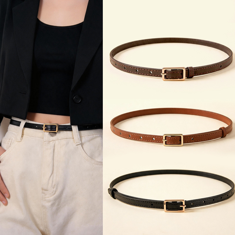 Simple and Versatile Thin Belt for Women, Gold Pin Buckle Leather Belt, Fashionable Decorative Belt, Ins Style, Factory Direct Sale, Dropshipping
