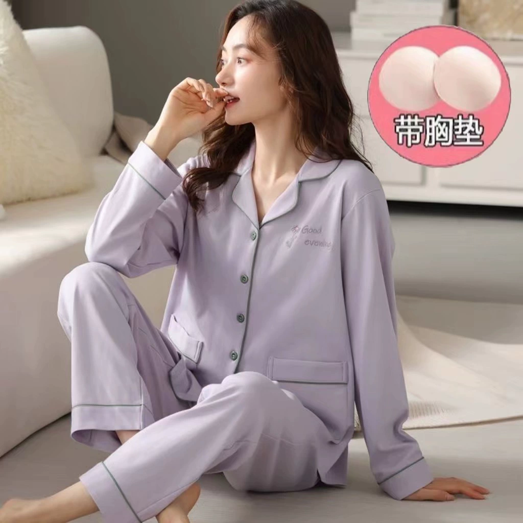 Женский Пижамный костюм из 100% чистого хлопка с подкладкой для груди, весенне-осенние брюки с длинным рукавом, милая простая верхняя одежда с мультяшным рисунком, домашняя одежда