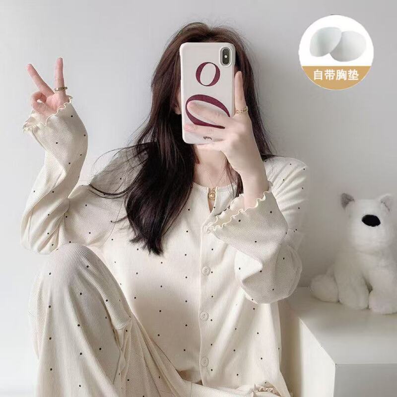 Live-Stream Popular Item: Ice Silk Ribbed Pajamas for Women, Long-Sleeve, Long-Pants, with Chest Pads, Loose Fit, College Style Loungewear Set Live-Stream Popular Item: Ice Silk Ribbed Pajamas for Women, Long-Sleeve, Long-Pants, with Chest Pads, Loose Fit, College Style Loungewear Set